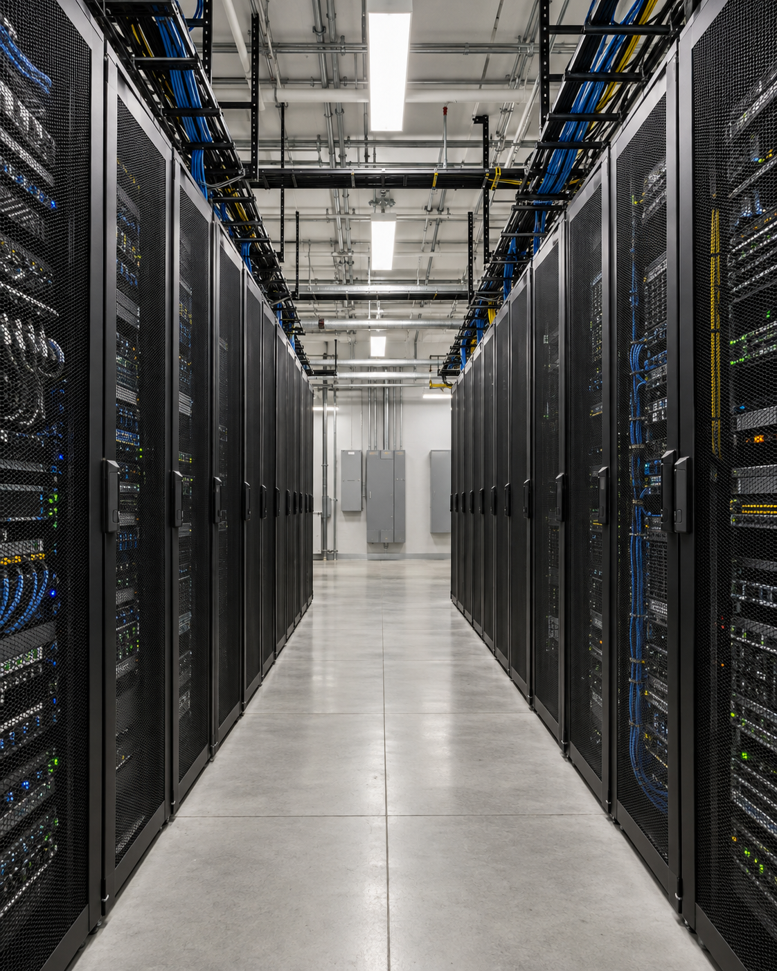 Photorealistic illustration of a data-center aisle with server racks